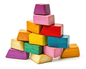 Colorful wooden building blocks arranged in a pyramid shape isolated on a white background.