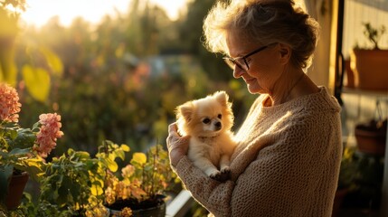 Elderly woman in glasses holding a small, fluffy dog, standing on a balcony with a garden view, late afternoon sunlight