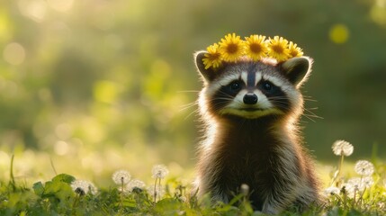 Fototapeta premium small raccoon wearing a flower crown made of dandelions, sitting on green grass in bright sunlight