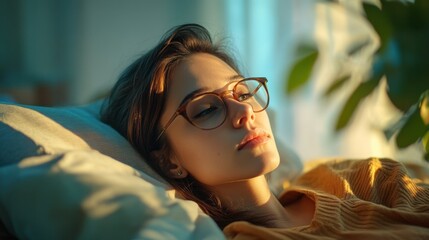 A woman in glasses with a calm expression, reclining on a bed in a minimalistic room, illuminated by soft, natural
