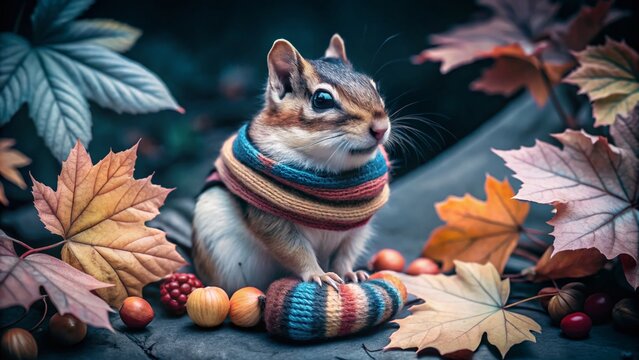 Adorable Chipmunk in Colorful Scarf Holding Acorns for Autumn-Themed Designs