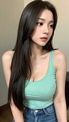 Close-Up Portrait of an Asian Woman with a Perfect Body, Beautiful Facial Features, Long Hair, Wearing a Tank Top and Jeans.