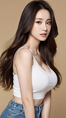 Fototapeta premium Close-Up Portrait of an Asian Woman with a Perfect Body, Beautiful Facial Features, Long Hair, Wearing a Tank Top and Jeans.