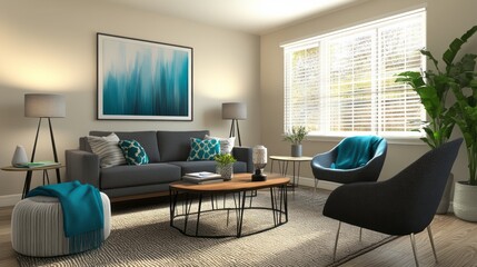 Fototapeta premium Modern Living Room with Blue Accents and a Large Abstract Painting