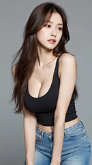 Fototapeta premium Close-Up Portrait of an Asian Woman with a Perfect Body, Beautiful Facial Features, Long Hair, Wearing a Tank Top and Jeans.