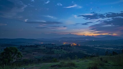 Obraz premium A mesmerizing view of the countryside hills with a magical touch of light trails streaking through the sky.