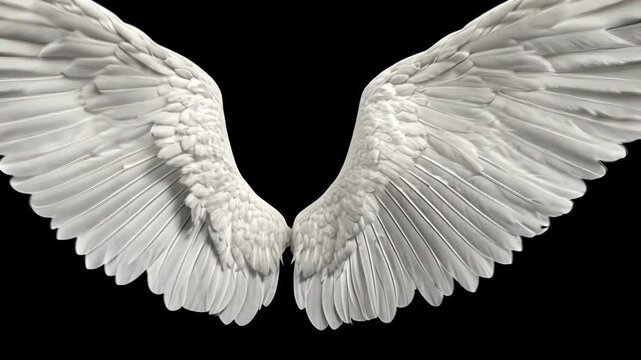A pair of white angel wings spread wide against a black background