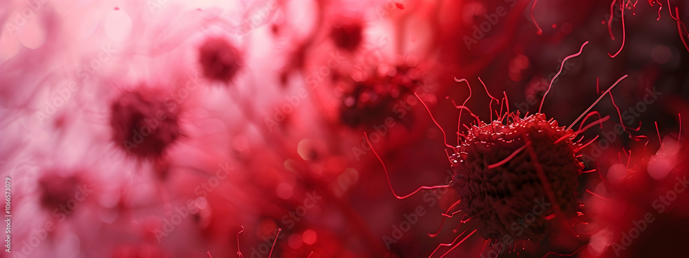 Poster 3d rendering of a close-up view of a red-colored virus with a blurred background