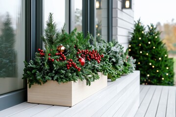 scandinavian christmas planter with evergreens, red berries, and ornaments on minimalist light wood patio holiday display