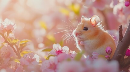 small cute hamster exploring a lush garden with pink blossoms on the background in natural sunlight