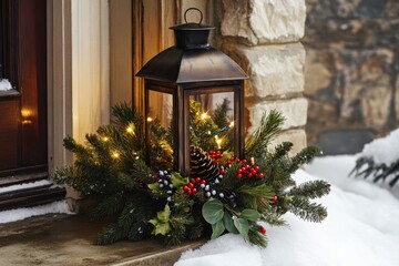 vintage tin lantern with festive greenery, red berries, pinecones, and twinkling lights on snowy cottage porch christmas decoration