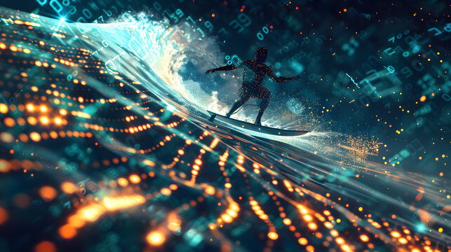 A figure surfing on a wave of binary code with glowing