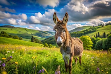 Adorable Longhaired Donkey in Lush Green Meadow - Panoramic Photography of Serene Nature, Farm Animals, and Scenic Landscapes