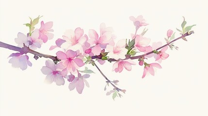 Artistic watercolor of a small branch with spring buds and soft pink blossoms isolated on white background for postcards banners high resolution sharp focus and quality
