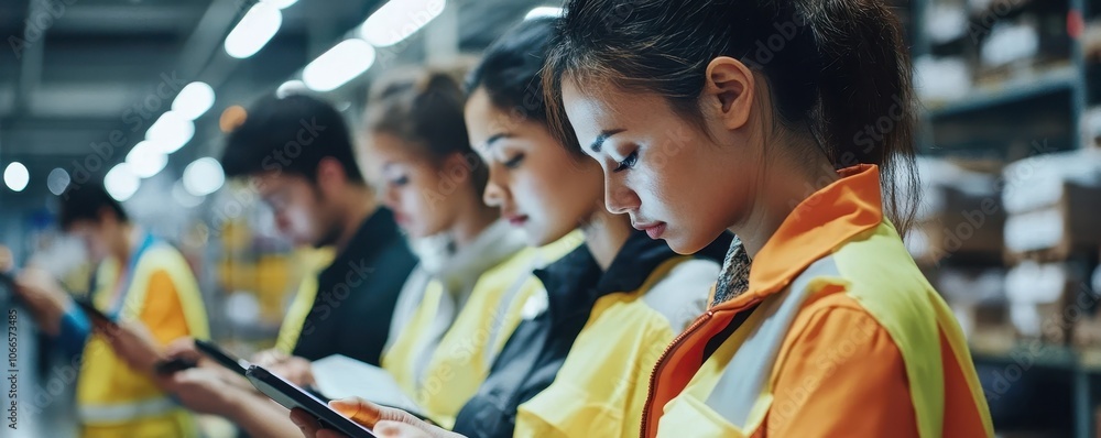 Poster diverse workers using mobile devices for real time logistics data sharing and communication in wareh