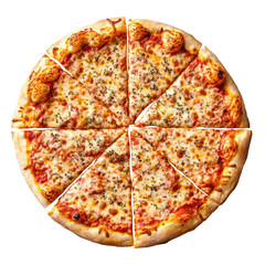 A plain pizza without toppings with perfect slices, delicious melted cheese and sauce, top view. transparent background