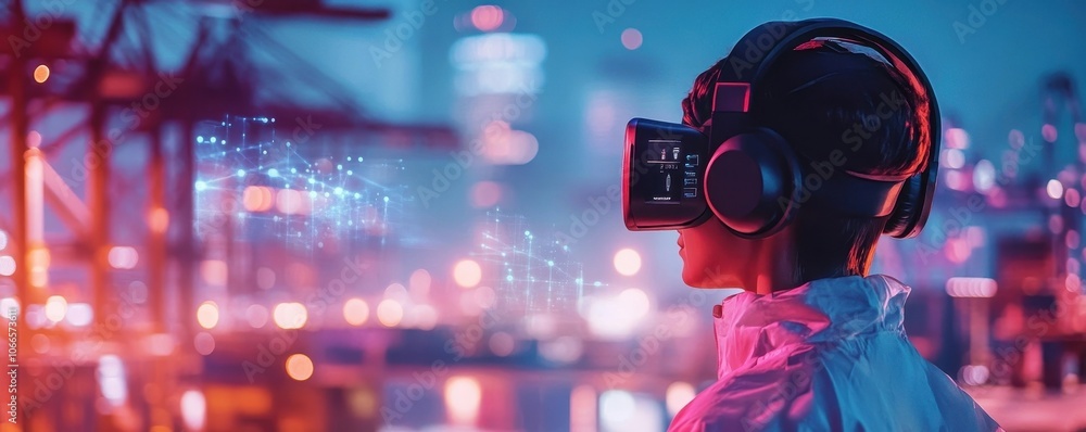 Poster port crane operator tracking containers with digital headset in real time logistics communication