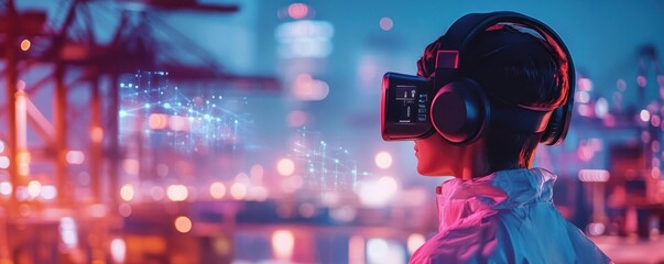 Fototapeta premium Port Crane Operator Tracking Containers with Digital Headset in Real Time Logistics Communication