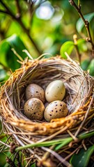 Fototapeta premium Close-up of bird nests containing speckled eggs, nestled in foliage during springtime