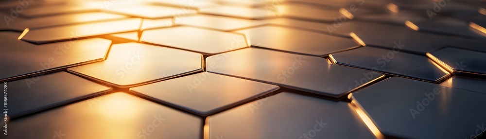 Poster abstract geometric pattern of interlocking metallic plates with warm glowing light