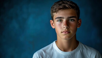 Portrait of a young teenager with a neutral expression, against a blue background.