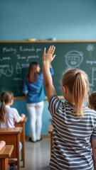 A girl raises her hand enthusiastically in a classroom setting, ready to participate in a lesson. For educational content, promoting engagement in learning, and school-related materials, copy space