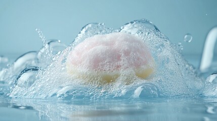 Fototapeta premium Detergent foam bubble on water. Blue background Soap