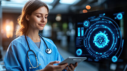 A researcher in protective lab gear carefully examining cancer cells on a petri dish, with molecular diagrams and scientific data overlaying the scene, symbolizing innovation in cancer research