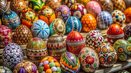 Artfully arranged decorative eggs showcasing intricate designs and vibrant colors displayed at a festive market in spring