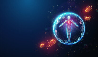 Abstract illustration of human body protected by shield barrier made of glowing neon particles. Blue geometric background depicting healthcare and disease treatment medical concept. Digital vector art