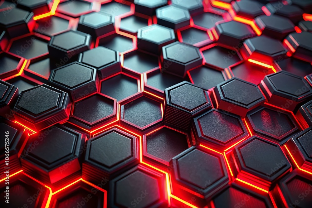 Poster aerial view of 3d black hexagon pattern background with red light lines, abstract geometric design f
