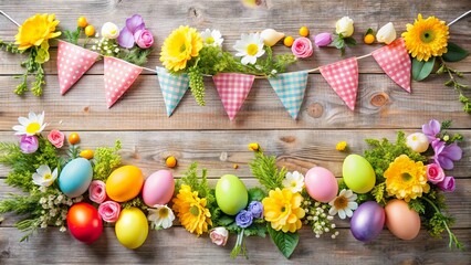 A cozy home displaying vibrant Easter decorations featuring colorful eggs and cheerful flowers on a rustic wooden backdrop