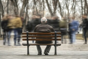 An elderly man sitting alone on a park bench, while young people rush by