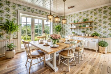 Obraz premium Aerial View of a Cozy Farmhouse Dining Room with Wooden Furniture, White and Beige Tones, Decorated with Floral Wallpaper and Japandi Style Accents