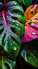 A stunning photo of vibrant Monstera leaves with water droplets.