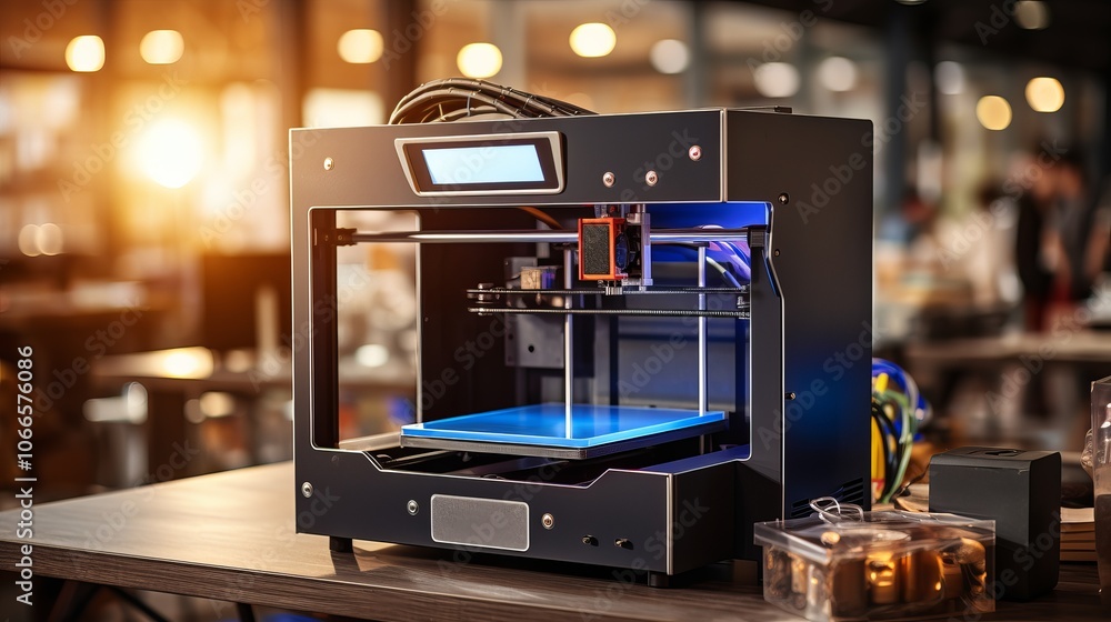 Poster modern 3d printer operating in a well-lit workshop during the evening with materials ready for use