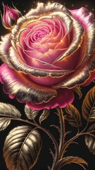 A pink rose with shimmering and glowing petals, detailed metallic leaves that complement the golden petals, magical appearance. 