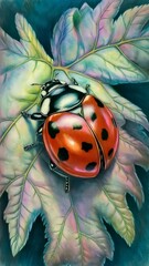 Colored pencil portrait of a ladybug sitting on a leaf. 