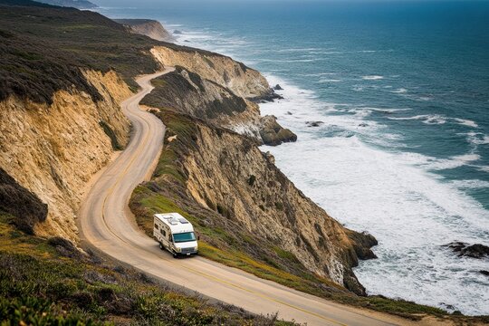 An overhead view of a camper van driving along a winding coastal road
