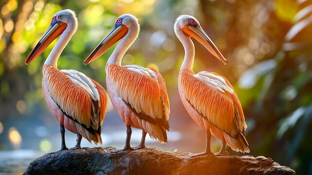three pelican birds at river in tropical forest 