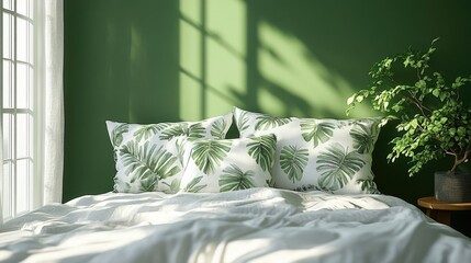 White bed with green tropical leaf patterned pillows in a green room with sunlight streaming through a window.