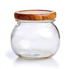 Empty glass jar with a wooden lid, isolated on a white background.