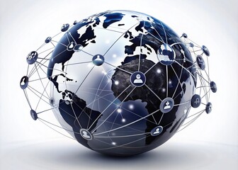 Aerial View of Black and White Internet Globe Network with Stroke Lines Icons Isolated on White Background for Digital Connectivity and Technology Themes
