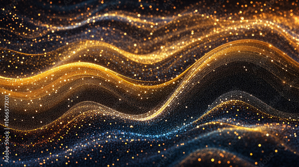 Poster golden waves of sparkling light moving across a dark background create an enchanting atmosphere