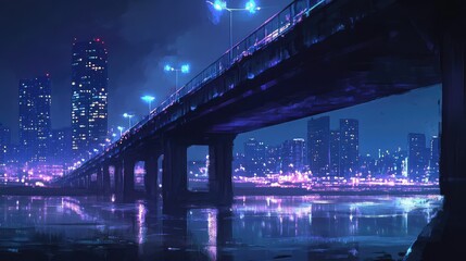 Neon Cityscape at Night with Bridge Reflection