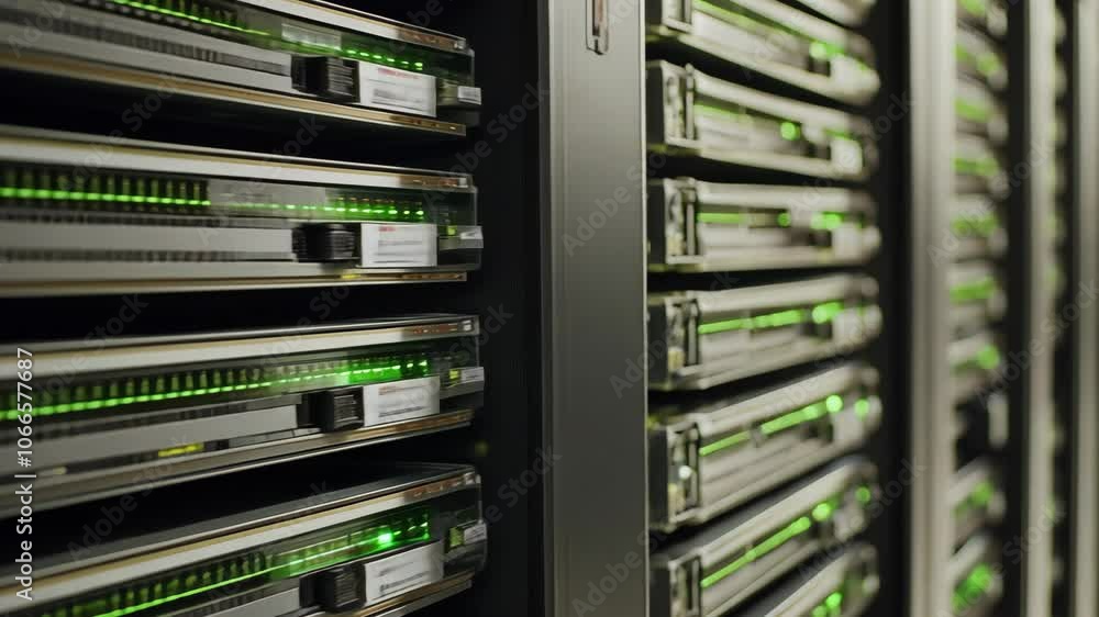 Poster a close-up view of a server rack with green lights indicating activity