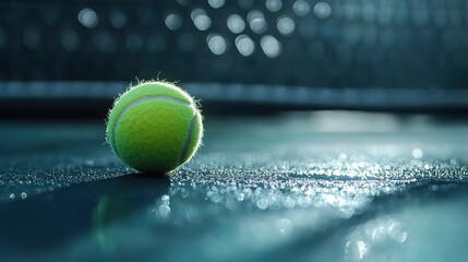 Tennis ball on a green court with a blurred background. - Powered by Adobe