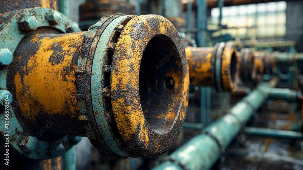 Poster a close-up of a rusted industrial pipe with bolts in a factory setting