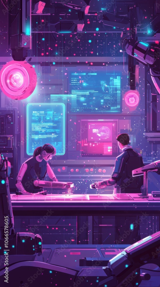 Poster engineers working in a modern, ai-powered factory with robotic arms assembling products