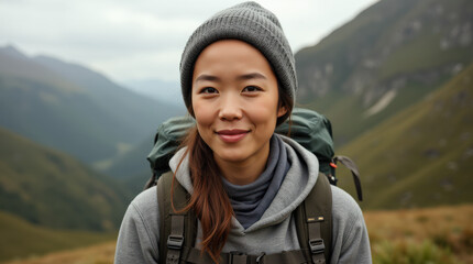 Naklejka premium Captivating Outdoor Portrait of Diverse Hiker in Scenic Mountain Landscape - Authentic Adventure Stock Photo